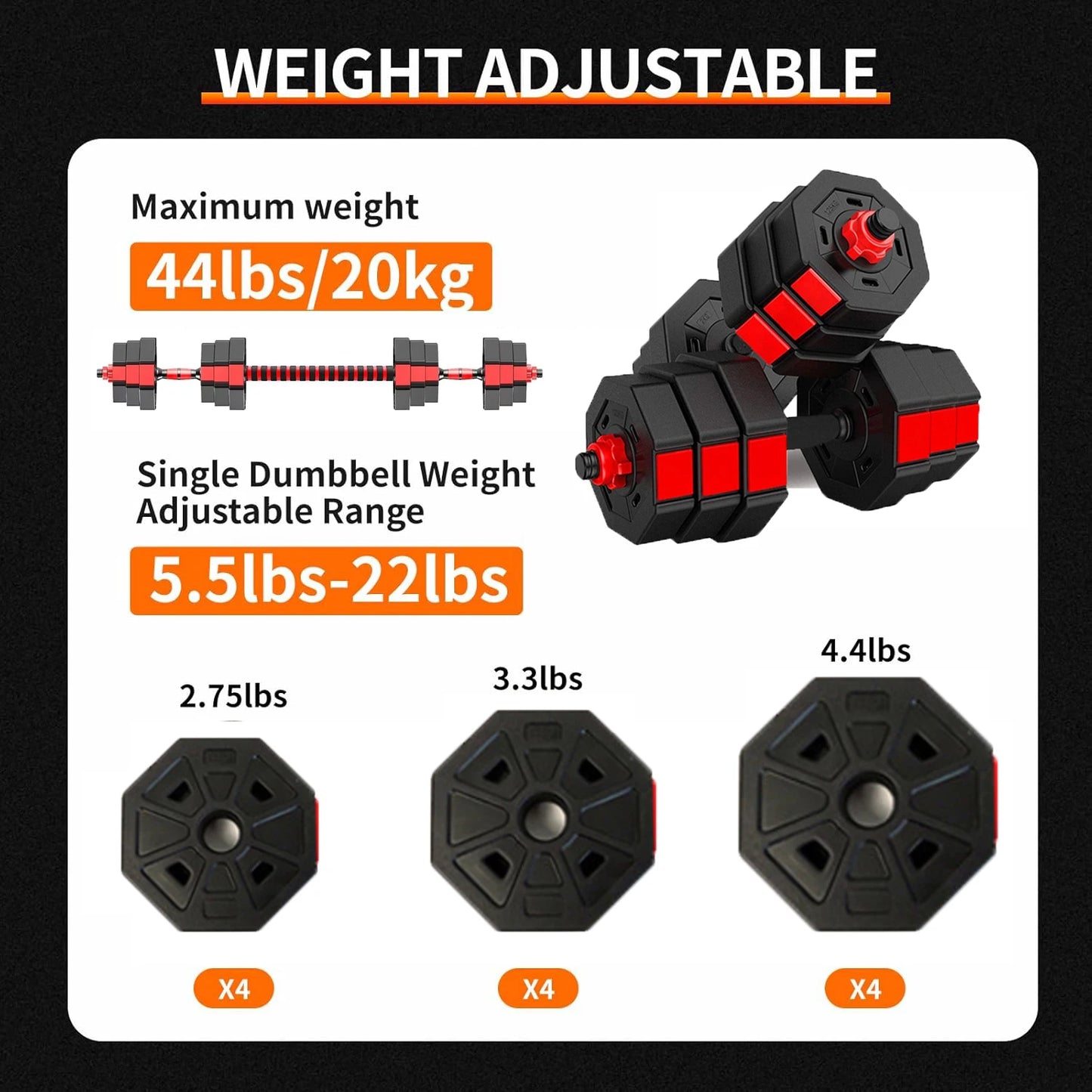 Adjustable Dumbbell To Barbell Fitness Set 44lbs Anti Slip Grip 3-In-1