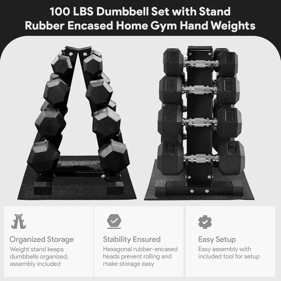 Versatile Rubber Coated Hex Dumbbell Set With Storage Rack