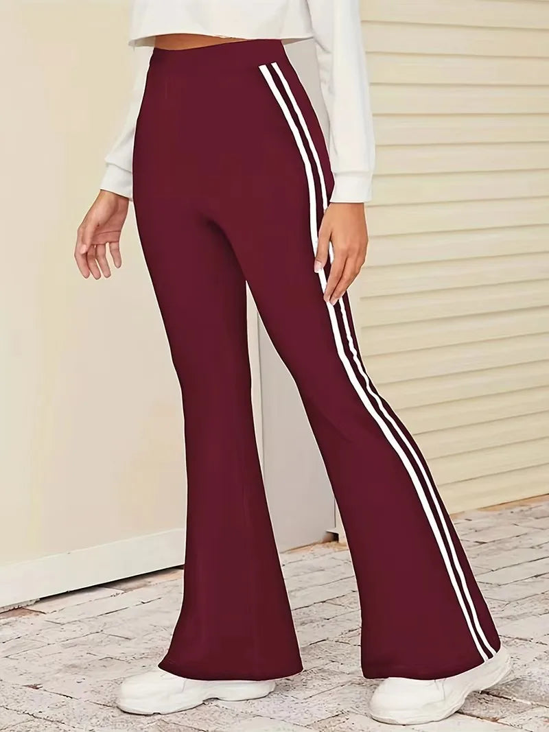 Women Striped Yoga Pants Elastic Waist Flared Polyester Spandex