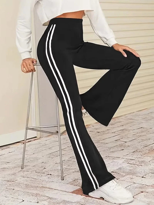 Women Striped Yoga Pants Elastic Waist Flared Polyester Spandex