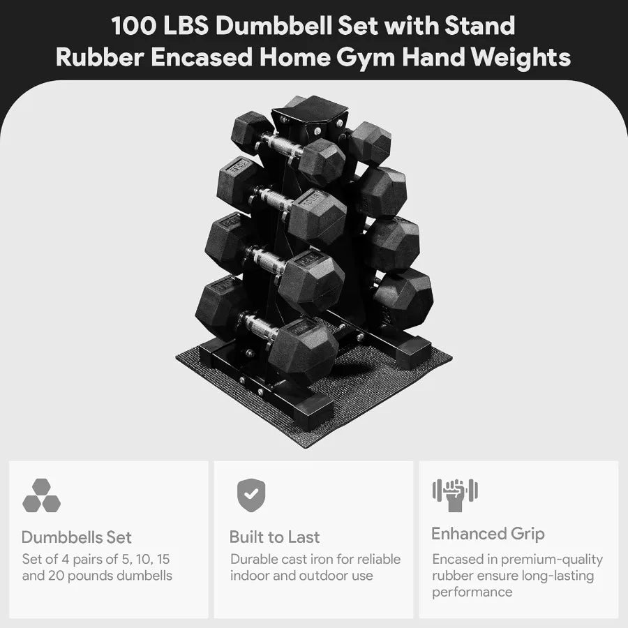Versatile Rubber Coated Hex Dumbbell Set With Storage Rack